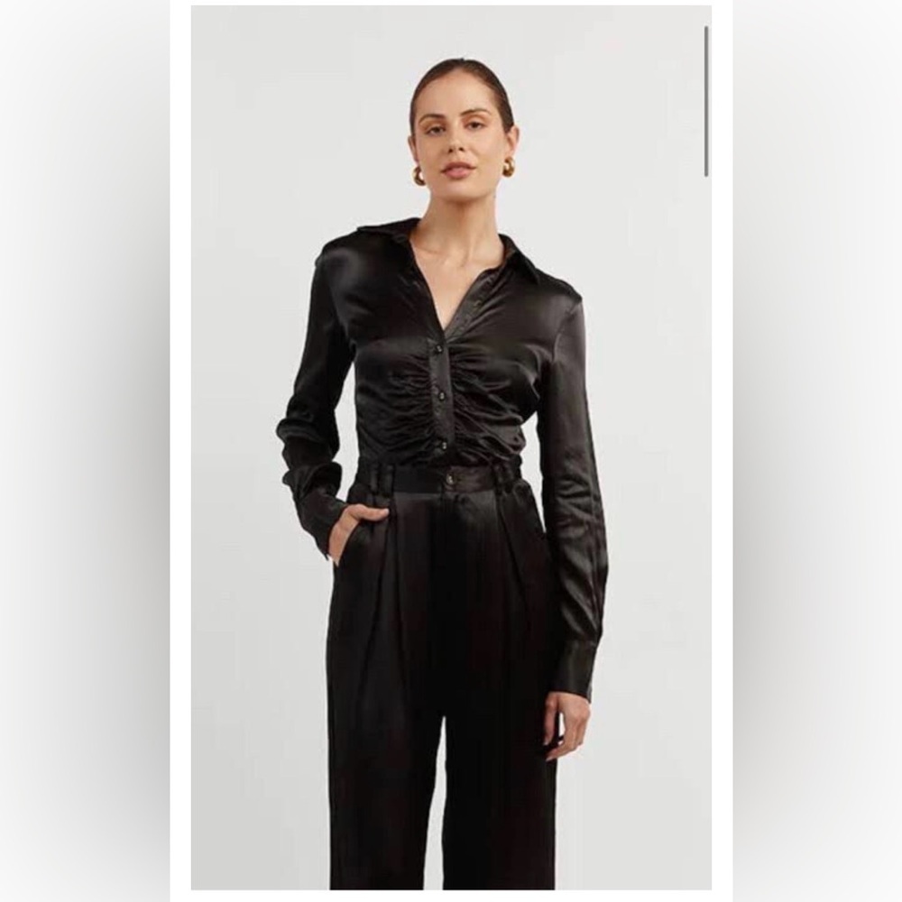 DISSH Simone Black Satin Gathered Button Front Top Sz 4 Date Night